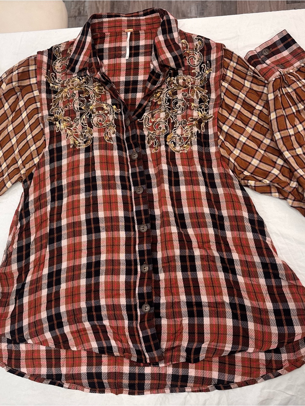 Free People Boho Plaid Button-Up Top with Embroidered Accents - Red Plaid